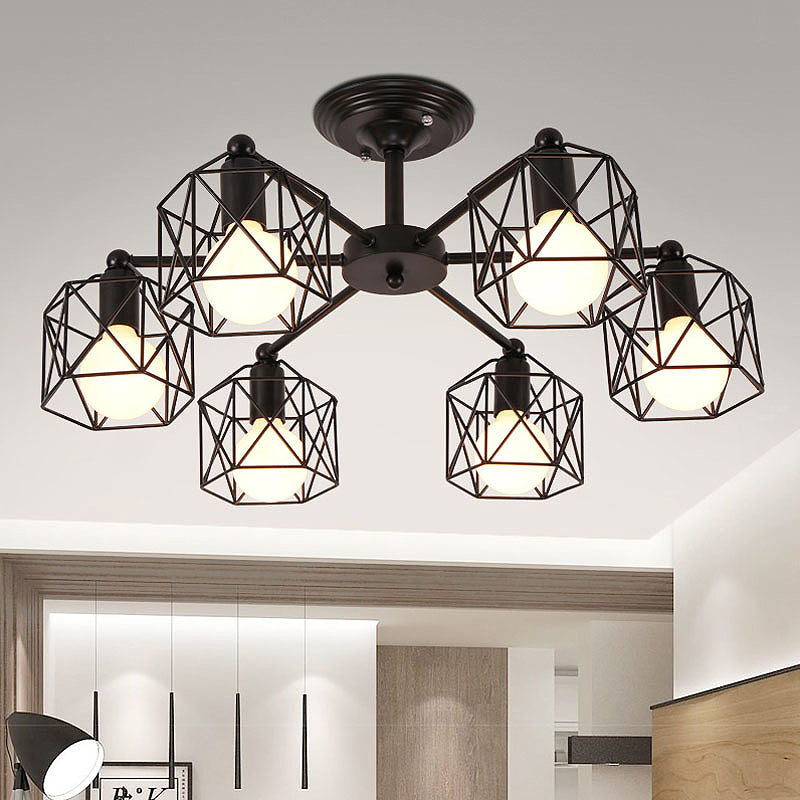 6/8 Lights Spider Semi Flush Light with Global Cage Shade Retro Style Black Metal Semi Flush Pendant Light for Living Room 6 Black Clearhalo 'Ceiling Lights' 'Close To Ceiling Lights' 'Close to ceiling' 'Semi-flushmount' Lighting' 768046