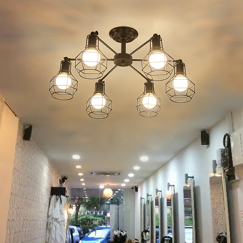 6/8 Lights Spider Semi Flush Light with Global Cage Shade Retro Style Black Metal Semi Flush Pendant Light for Living Room Clearhalo 'Ceiling Lights' 'Close To Ceiling Lights' 'Close to ceiling' 'Semi-flushmount' Lighting' 768047