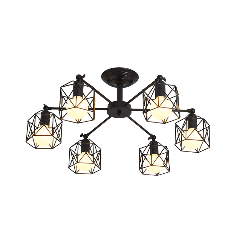 6/8 Lights Spider Semi Flush Light with Global Cage Shade Retro Style Black Metal Semi Flush Pendant Light for Living Room Clearhalo 'Ceiling Lights' 'Close To Ceiling Lights' 'Close to ceiling' 'Semi-flushmount' Lighting' 768049