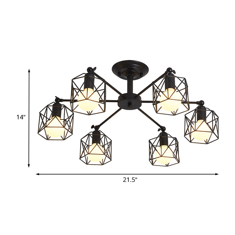 6/8 Lights Spider Semi Flush Light with Global Cage Shade Retro Style Black Metal Semi Flush Pendant Light for Living Room Clearhalo 'Ceiling Lights' 'Close To Ceiling Lights' 'Close to ceiling' 'Semi-flushmount' Lighting' 768050