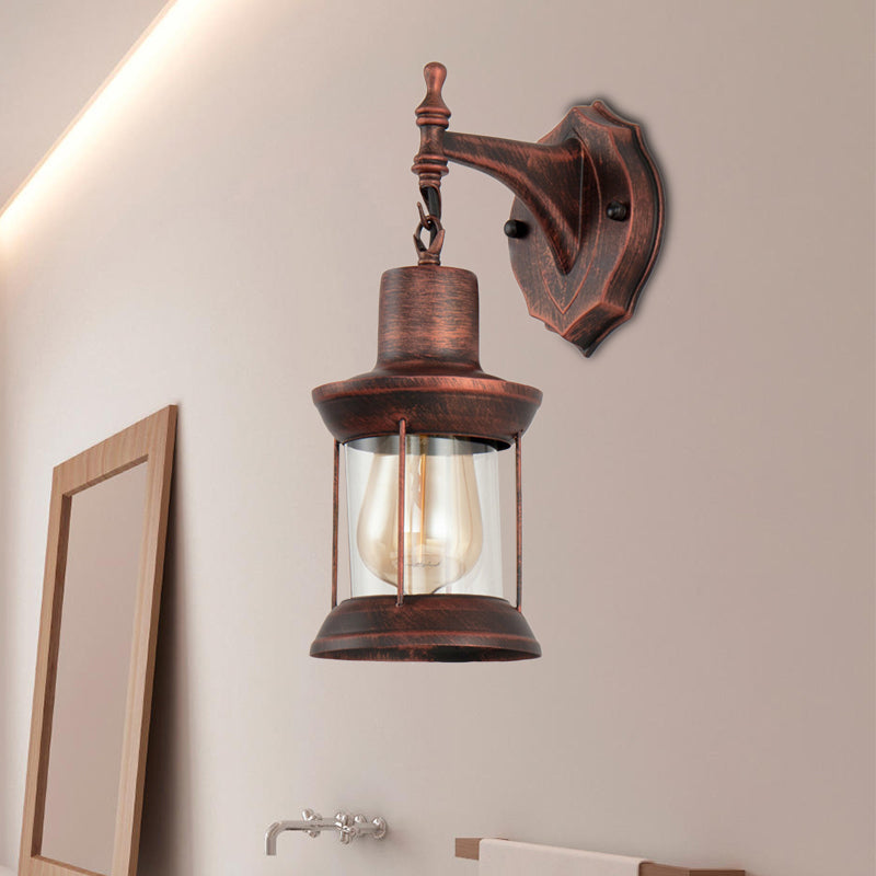 Lantern Clear Glass Wall Mounted Lamp Industrial Single Bulb Bathroom Sconce Light in Antique Copper Clearhalo 'Art deco wall lights' 'Cast Iron' 'Glass' 'Industrial wall lights' 'Industrial' 'Middle century wall lights' 'Modern' 'Rustic wall lights' 'Tiffany' 'Traditional wall lights' 'Wall Lamps & Sconces' 'Wall Lights' Lighting' 768131