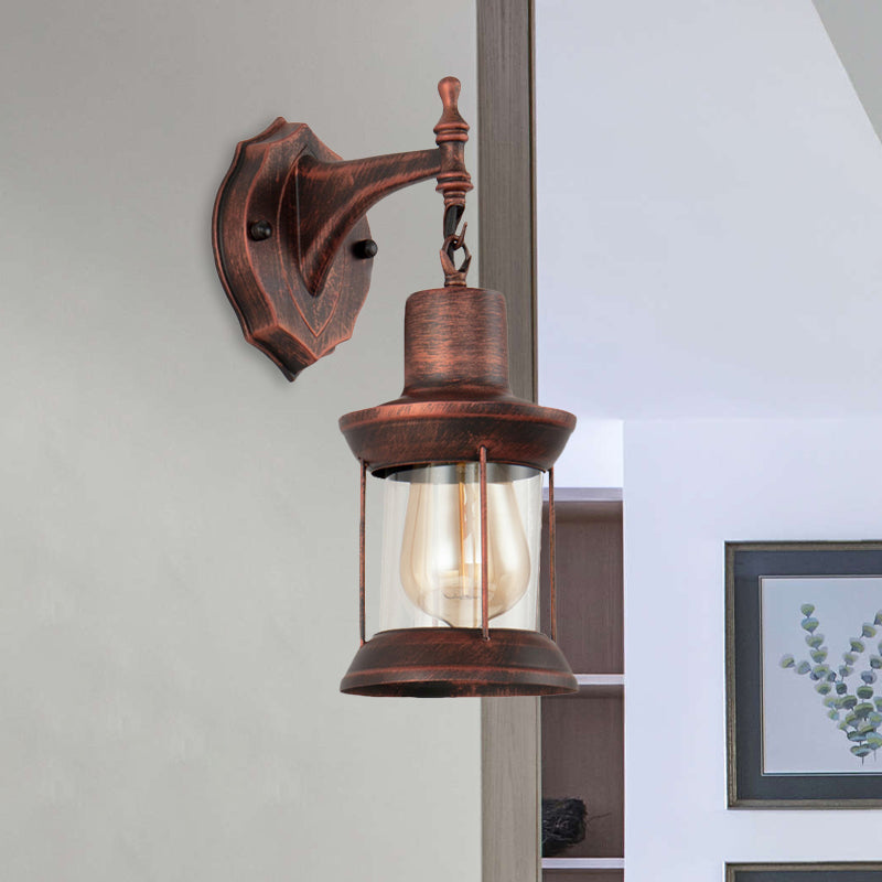 Lantern Clear Glass Wall Mounted Lamp Industrial Single Bulb Bathroom Sconce Light in Antique Copper Clearhalo 'Art deco wall lights' 'Cast Iron' 'Glass' 'Industrial wall lights' 'Industrial' 'Middle century wall lights' 'Modern' 'Rustic wall lights' 'Tiffany' 'Traditional wall lights' 'Wall Lamps & Sconces' 'Wall Lights' Lighting' 768132