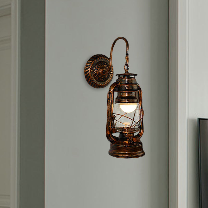 1 Bulb Kerosene Wall Mounted Light Fixture Rustic Bronze Clear Glass Lighting for Corridor Clearhalo 'Art deco wall lights' 'Cast Iron' 'Glass' 'Industrial wall lights' 'Industrial' 'Middle century wall lights' 'Modern' 'Rustic wall lights' 'Tiffany' 'Traditional wall lights' 'Wall Lamps & Sconces' 'Wall Lights' Lighting' 768136