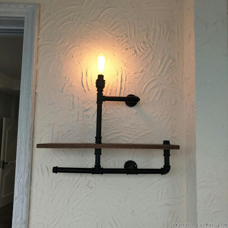 1/2-Bulb Wood Shelf Wall Lighting with Water Pipe Vintage Stylish Bronze Wall Mount Light for Living Room Clearhalo 'Art deco wall lights' 'Cast Iron' 'Glass' 'Industrial wall lights' 'Industrial' 'Middle century wall lights' 'Modern' 'Rustic wall lights' 'Tiffany' 'Traditional wall lights' 'Wall Lamps & Sconces' 'Wall Lights' Lighting' 768226