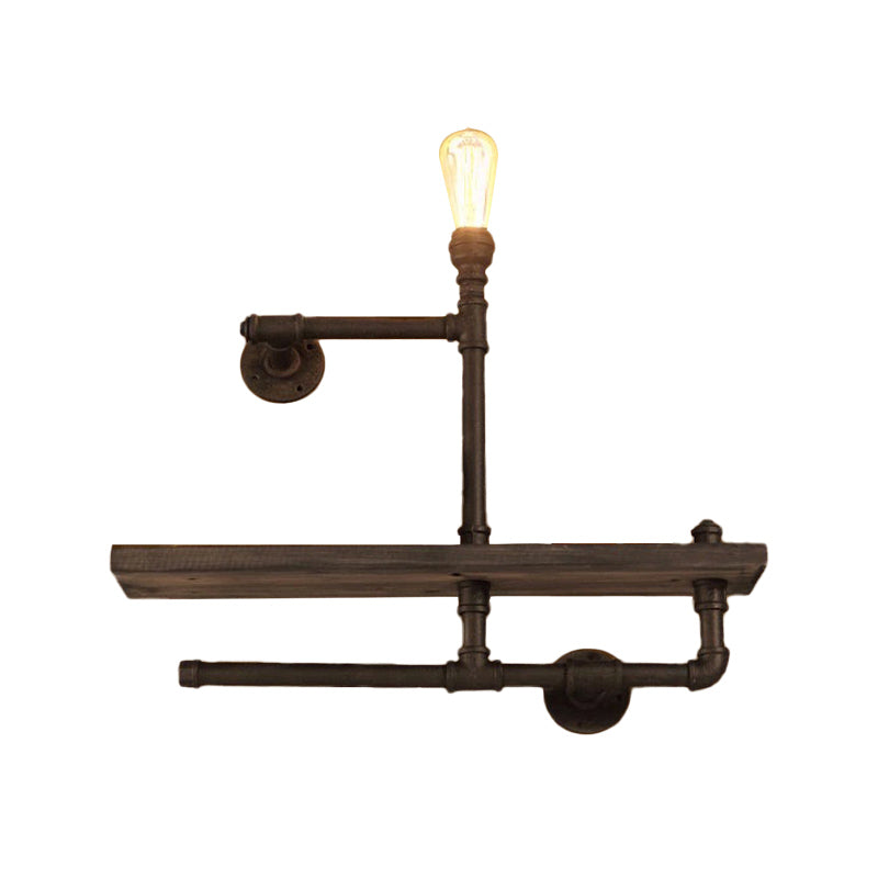 1/2-Bulb Wood Shelf Wall Lighting with Water Pipe Vintage Stylish Bronze Wall Mount Light for Living Room Clearhalo 'Art deco wall lights' 'Cast Iron' 'Glass' 'Industrial wall lights' 'Industrial' 'Middle century wall lights' 'Modern' 'Rustic wall lights' 'Tiffany' 'Traditional wall lights' 'Wall Lamps & Sconces' 'Wall Lights' Lighting' 768228