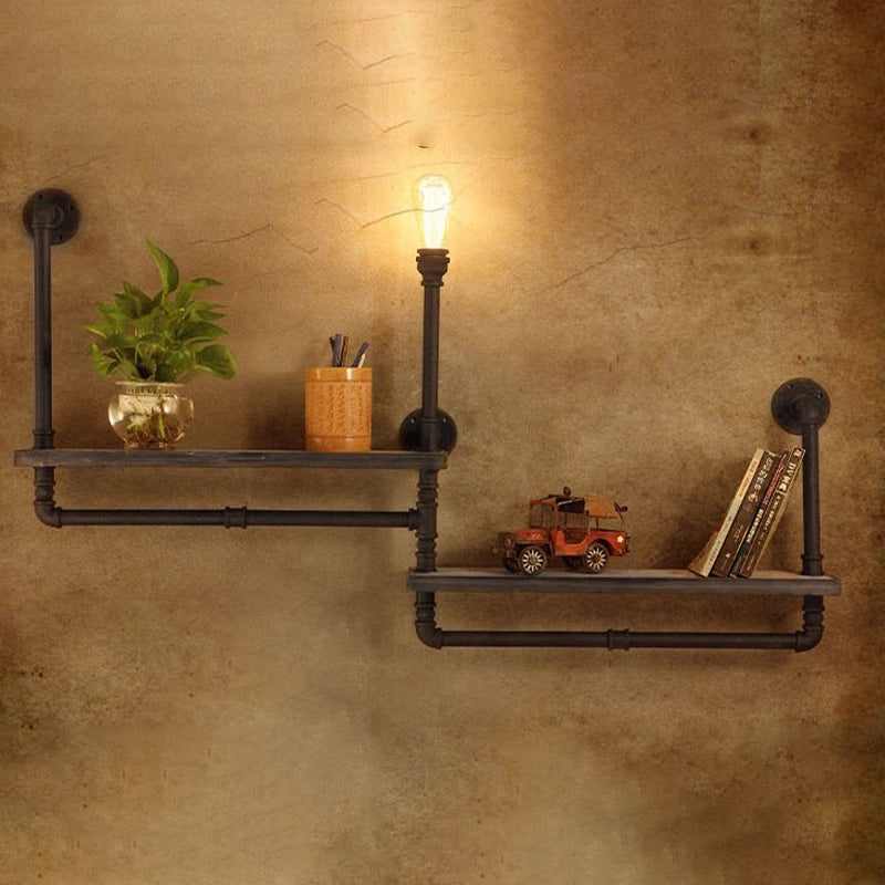 1/2-Bulb Wood Shelf Wall Lighting with Water Pipe Vintage Stylish Bronze Wall Mount Light for Living Room Wood A Clearhalo 'Art deco wall lights' 'Cast Iron' 'Glass' 'Industrial wall lights' 'Industrial' 'Middle century wall lights' 'Modern' 'Rustic wall lights' 'Tiffany' 'Traditional wall lights' 'Wall Lamps & Sconces' 'Wall Lights' Lighting' 768230