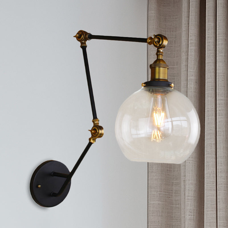 Clear Glass Brass Sconce Light Orb 1-Light Industrial Style Wall Lamp Fixture with Swing Arm Clear Clearhalo 'Art deco wall lights' 'Cast Iron' 'Glass' 'Industrial wall lights' 'Industrial' 'Middle century wall lights' 'Modern' 'Rustic wall lights' 'Tiffany' 'Traditional wall lights' 'Wall Lamps & Sconces' 'Wall Lights' Lighting' 768273