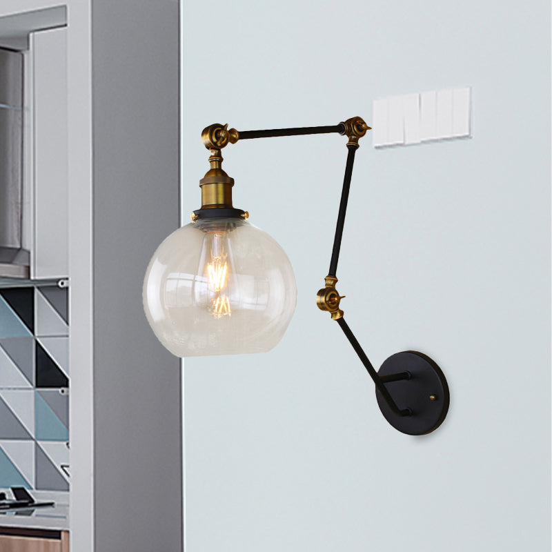 Clear Glass Brass Sconce Light Orb 1-Light Industrial Style Wall Lamp Fixture with Swing Arm Clearhalo 'Art deco wall lights' 'Cast Iron' 'Glass' 'Industrial wall lights' 'Industrial' 'Middle century wall lights' 'Modern' 'Rustic wall lights' 'Tiffany' 'Traditional wall lights' 'Wall Lamps & Sconces' 'Wall Lights' Lighting' 768274