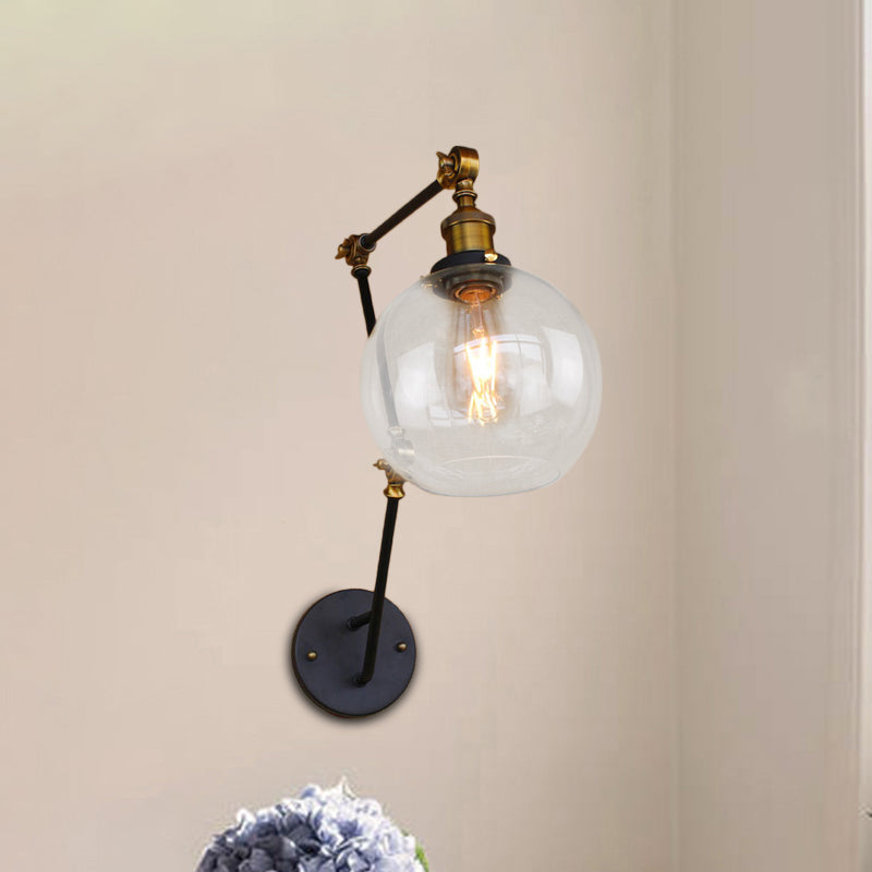 Clear Glass Brass Sconce Light Orb 1-Light Industrial Style Wall Lamp Fixture with Swing Arm Clearhalo 'Art deco wall lights' 'Cast Iron' 'Glass' 'Industrial wall lights' 'Industrial' 'Middle century wall lights' 'Modern' 'Rustic wall lights' 'Tiffany' 'Traditional wall lights' 'Wall Lamps & Sconces' 'Wall Lights' Lighting' 768275