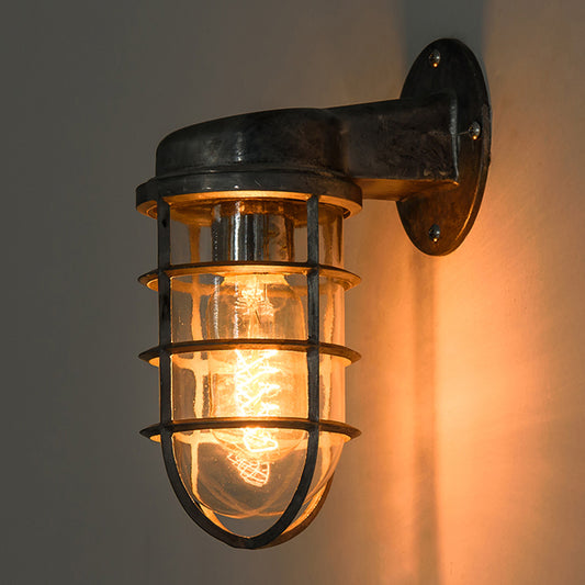 Coastal Caged Wall Lighting Fixture 1 Bulb Clear Glass Sconce Light in Brass/Copper/Chrome for Kitchen Aged Silver Clearhalo 'Art deco wall lights' 'Cast Iron' 'Glass' 'Industrial wall lights' 'Industrial' 'Middle century wall lights' 'Modern' 'Rustic wall lights' 'Tiffany' 'Traditional wall lights' 'Wall Lamps & Sconces' 'Wall Lights' Lighting' 768317