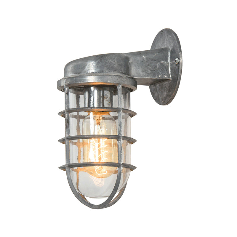 Coastal Caged Wall Lighting Fixture 1 Bulb Clear Glass Sconce Light in Brass/Copper/Chrome for Kitchen Clearhalo 'Art deco wall lights' 'Cast Iron' 'Glass' 'Industrial wall lights' 'Industrial' 'Middle century wall lights' 'Modern' 'Rustic wall lights' 'Tiffany' 'Traditional wall lights' 'Wall Lamps & Sconces' 'Wall Lights' Lighting' 768320