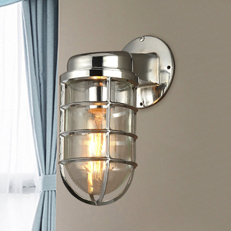 Coastal Caged Wall Lighting Fixture 1 Bulb Clear Glass Sconce Light in Brass/Copper/Chrome for Kitchen Chrome Clearhalo 'Art deco wall lights' 'Cast Iron' 'Glass' 'Industrial wall lights' 'Industrial' 'Middle century wall lights' 'Modern' 'Rustic wall lights' 'Tiffany' 'Traditional wall lights' 'Wall Lamps & Sconces' 'Wall Lights' Lighting' 768322