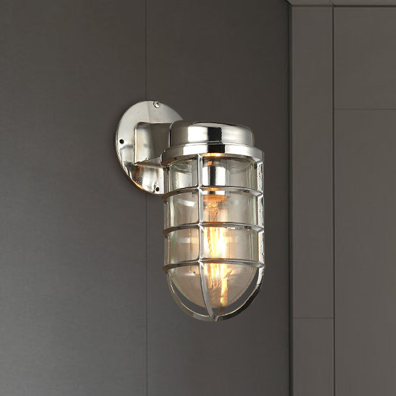 Coastal Caged Wall Lighting Fixture 1 Bulb Clear Glass Sconce Light in Brass/Copper/Chrome for Kitchen Clearhalo 'Art deco wall lights' 'Cast Iron' 'Glass' 'Industrial wall lights' 'Industrial' 'Middle century wall lights' 'Modern' 'Rustic wall lights' 'Tiffany' 'Traditional wall lights' 'Wall Lamps & Sconces' 'Wall Lights' Lighting' 768323