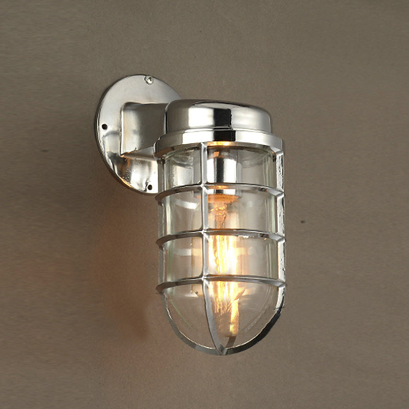 Coastal Caged Wall Lighting Fixture 1 Bulb Clear Glass Sconce Light in Brass/Copper/Chrome for Kitchen Clearhalo 'Art deco wall lights' 'Cast Iron' 'Glass' 'Industrial wall lights' 'Industrial' 'Middle century wall lights' 'Modern' 'Rustic wall lights' 'Tiffany' 'Traditional wall lights' 'Wall Lamps & Sconces' 'Wall Lights' Lighting' 768324