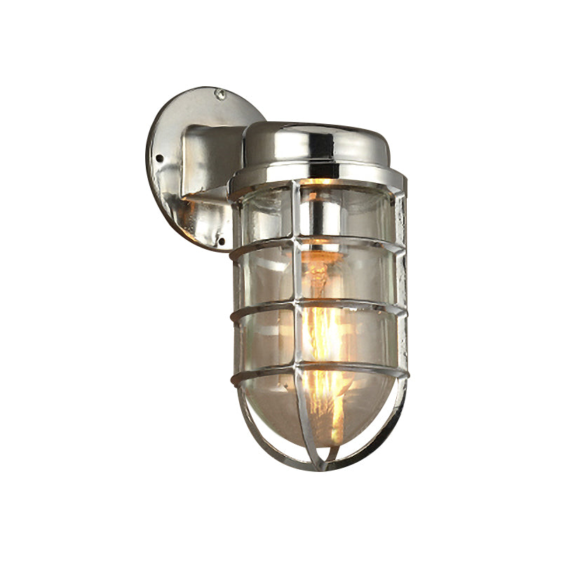 Coastal Caged Wall Lighting Fixture 1 Bulb Clear Glass Sconce Light in Brass/Copper/Chrome for Kitchen Clearhalo 'Art deco wall lights' 'Cast Iron' 'Glass' 'Industrial wall lights' 'Industrial' 'Middle century wall lights' 'Modern' 'Rustic wall lights' 'Tiffany' 'Traditional wall lights' 'Wall Lamps & Sconces' 'Wall Lights' Lighting' 768325