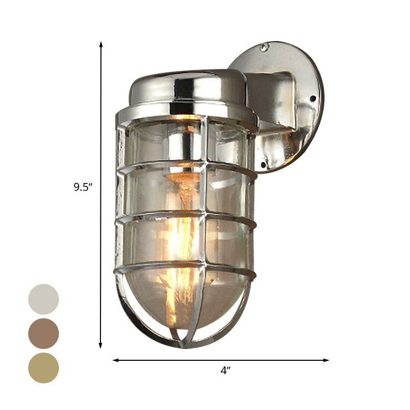 Coastal Caged Wall Lighting Fixture 1 Bulb Clear Glass Sconce Light in Brass/Copper/Chrome for Kitchen Clearhalo 'Art deco wall lights' 'Cast Iron' 'Glass' 'Industrial wall lights' 'Industrial' 'Middle century wall lights' 'Modern' 'Rustic wall lights' 'Tiffany' 'Traditional wall lights' 'Wall Lamps & Sconces' 'Wall Lights' Lighting' 768326