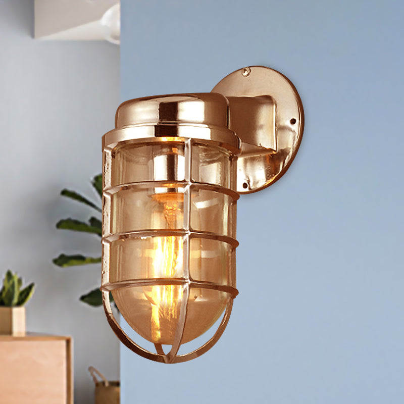 Coastal Caged Wall Lighting Fixture 1 Bulb Clear Glass Sconce Light in Brass/Copper/Chrome for Kitchen Copper Clearhalo 'Art deco wall lights' 'Cast Iron' 'Glass' 'Industrial wall lights' 'Industrial' 'Middle century wall lights' 'Modern' 'Rustic wall lights' 'Tiffany' 'Traditional wall lights' 'Wall Lamps & Sconces' 'Wall Lights' Lighting' 768327