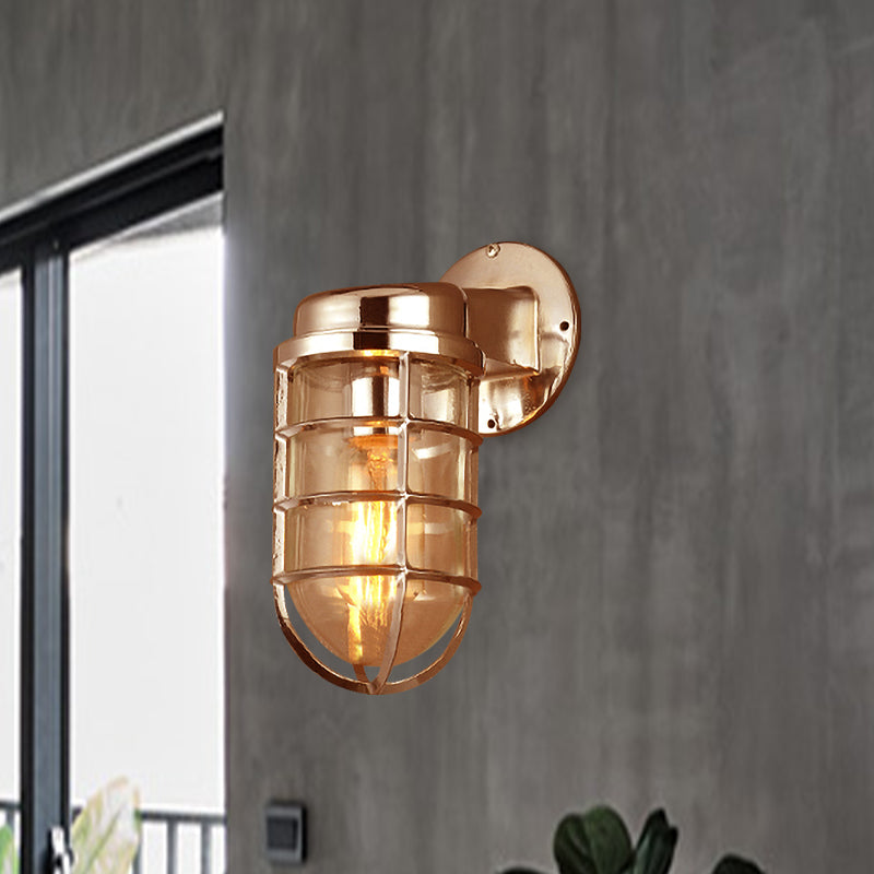 Coastal Caged Wall Lighting Fixture 1 Bulb Clear Glass Sconce Light in Brass/Copper/Chrome for Kitchen Clearhalo 'Art deco wall lights' 'Cast Iron' 'Glass' 'Industrial wall lights' 'Industrial' 'Middle century wall lights' 'Modern' 'Rustic wall lights' 'Tiffany' 'Traditional wall lights' 'Wall Lamps & Sconces' 'Wall Lights' Lighting' 768328