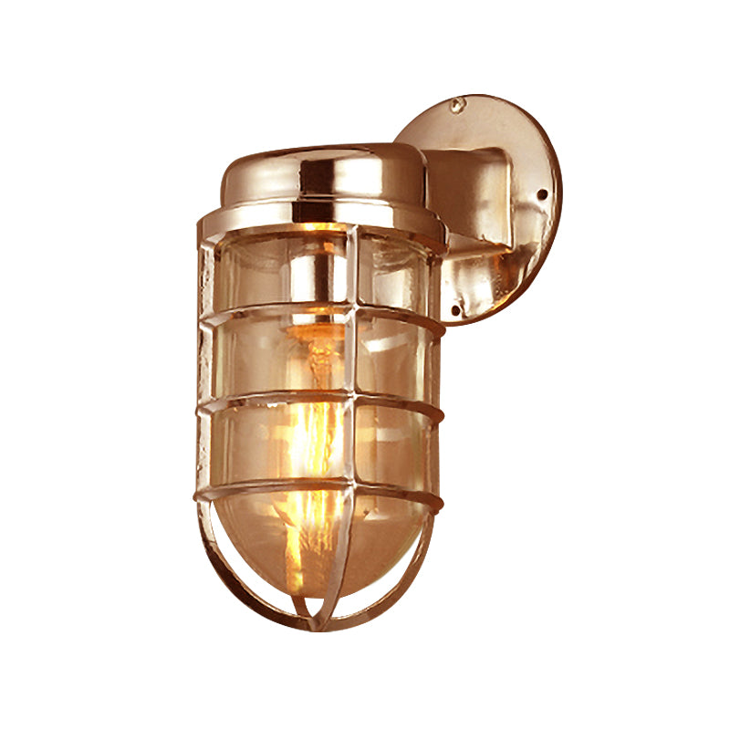 Coastal Caged Wall Lighting Fixture 1 Bulb Clear Glass Sconce Light in Brass/Copper/Chrome for Kitchen Clearhalo 'Art deco wall lights' 'Cast Iron' 'Glass' 'Industrial wall lights' 'Industrial' 'Middle century wall lights' 'Modern' 'Rustic wall lights' 'Tiffany' 'Traditional wall lights' 'Wall Lamps & Sconces' 'Wall Lights' Lighting' 768330
