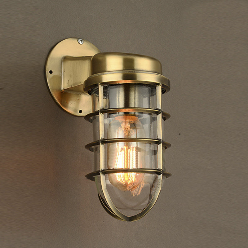 Coastal Caged Wall Lighting Fixture 1 Bulb Clear Glass Sconce Light in Brass/Copper/Chrome for Kitchen Brass Clearhalo 'Art deco wall lights' 'Cast Iron' 'Glass' 'Industrial wall lights' 'Industrial' 'Middle century wall lights' 'Modern' 'Rustic wall lights' 'Tiffany' 'Traditional wall lights' 'Wall Lamps & Sconces' 'Wall Lights' Lighting' 768331