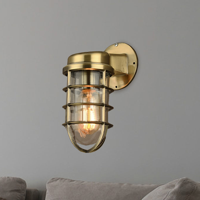 Coastal Caged Wall Lighting Fixture 1 Bulb Clear Glass Sconce Light in Brass/Copper/Chrome for Kitchen Clearhalo 'Art deco wall lights' 'Cast Iron' 'Glass' 'Industrial wall lights' 'Industrial' 'Middle century wall lights' 'Modern' 'Rustic wall lights' 'Tiffany' 'Traditional wall lights' 'Wall Lamps & Sconces' 'Wall Lights' Lighting' 768332
