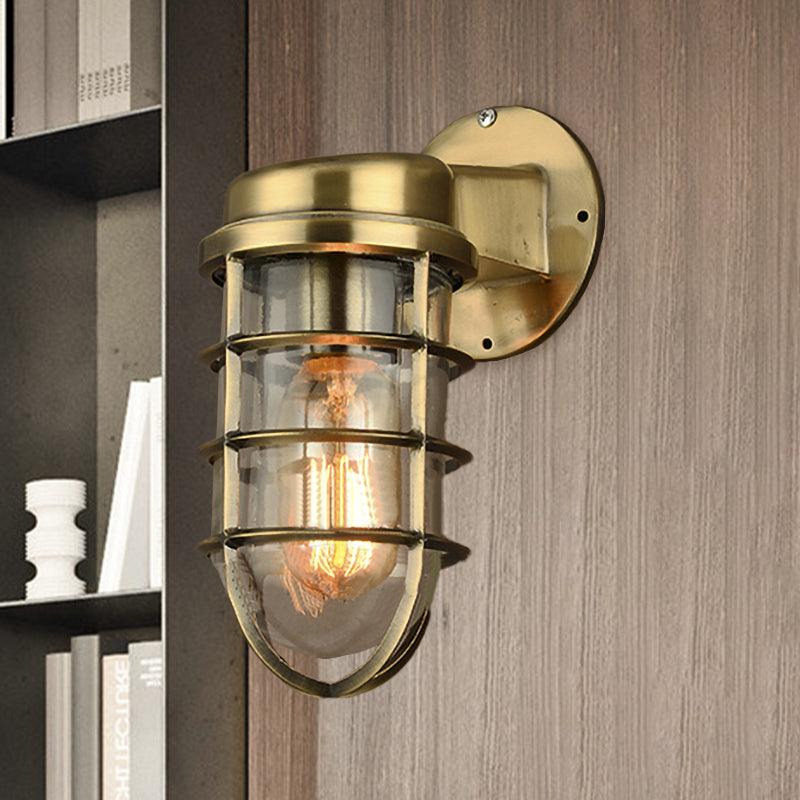 Coastal Caged Wall Lighting Fixture 1 Bulb Clear Glass Sconce Light in Brass/Copper/Chrome for Kitchen Clearhalo 'Art deco wall lights' 'Cast Iron' 'Glass' 'Industrial wall lights' 'Industrial' 'Middle century wall lights' 'Modern' 'Rustic wall lights' 'Tiffany' 'Traditional wall lights' 'Wall Lamps & Sconces' 'Wall Lights' Lighting' 768333