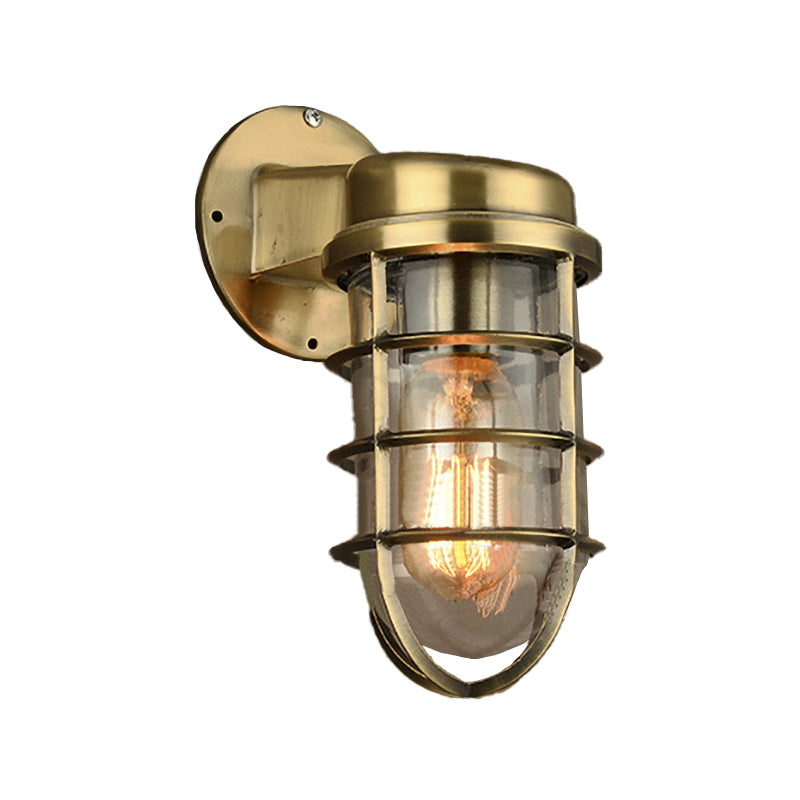 Coastal Caged Wall Lighting Fixture 1 Bulb Clear Glass Sconce Light in Brass/Copper/Chrome for Kitchen Clearhalo 'Art deco wall lights' 'Cast Iron' 'Glass' 'Industrial wall lights' 'Industrial' 'Middle century wall lights' 'Modern' 'Rustic wall lights' 'Tiffany' 'Traditional wall lights' 'Wall Lamps & Sconces' 'Wall Lights' Lighting' 768334