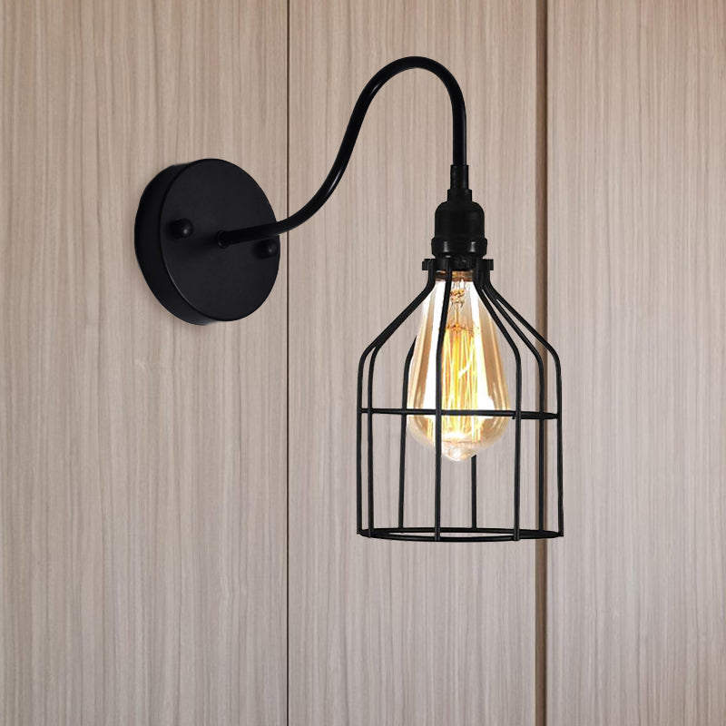 Birdcage Coffee Shop Wall Sconce Light with Gooseneck Arm Industrial Rustic Metal 1 Light Black Wall Lighting Black Clearhalo 'Art deco wall lights' 'Cast Iron' 'Glass' 'Industrial wall lights' 'Industrial' 'Middle century wall lights' 'Modern' 'Rustic wall lights' 'Tiffany' 'Traditional wall lights' 'Wall Lamps & Sconces' 'Wall Lights' Lighting' 768423