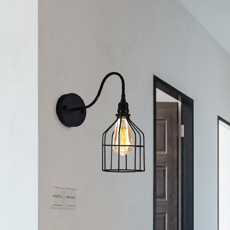 Birdcage Coffee Shop Wall Sconce Light with Gooseneck Arm Industrial Rustic Metal 1 Light Black Wall Lighting Clearhalo 'Art deco wall lights' 'Cast Iron' 'Glass' 'Industrial wall lights' 'Industrial' 'Middle century wall lights' 'Modern' 'Rustic wall lights' 'Tiffany' 'Traditional wall lights' 'Wall Lamps & Sconces' 'Wall Lights' Lighting' 768424