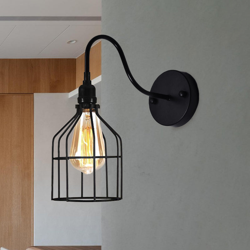 Birdcage Coffee Shop Wall Sconce Light with Gooseneck Arm Industrial Rustic Metal 1 Light Black Wall Lighting Clearhalo 'Art deco wall lights' 'Cast Iron' 'Glass' 'Industrial wall lights' 'Industrial' 'Middle century wall lights' 'Modern' 'Rustic wall lights' 'Tiffany' 'Traditional wall lights' 'Wall Lamps & Sconces' 'Wall Lights' Lighting' 768425