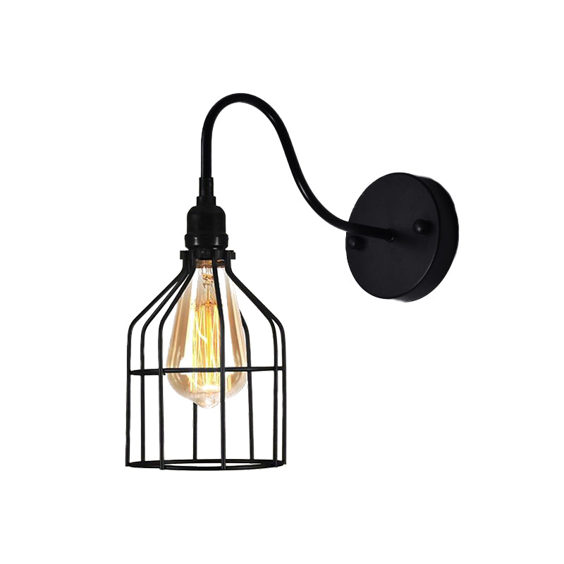 Birdcage Coffee Shop Wall Sconce Light with Gooseneck Arm Industrial Rustic Metal 1 Light Black Wall Lighting Clearhalo 'Art deco wall lights' 'Cast Iron' 'Glass' 'Industrial wall lights' 'Industrial' 'Middle century wall lights' 'Modern' 'Rustic wall lights' 'Tiffany' 'Traditional wall lights' 'Wall Lamps & Sconces' 'Wall Lights' Lighting' 768426