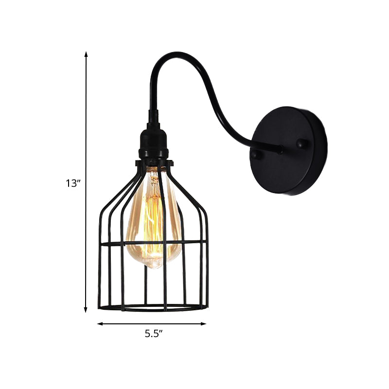 Birdcage Coffee Shop Wall Sconce Light with Gooseneck Arm Industrial Rustic Metal 1 Light Black Wall Lighting Clearhalo 'Art deco wall lights' 'Cast Iron' 'Glass' 'Industrial wall lights' 'Industrial' 'Middle century wall lights' 'Modern' 'Rustic wall lights' 'Tiffany' 'Traditional wall lights' 'Wall Lamps & Sconces' 'Wall Lights' Lighting' 768427
