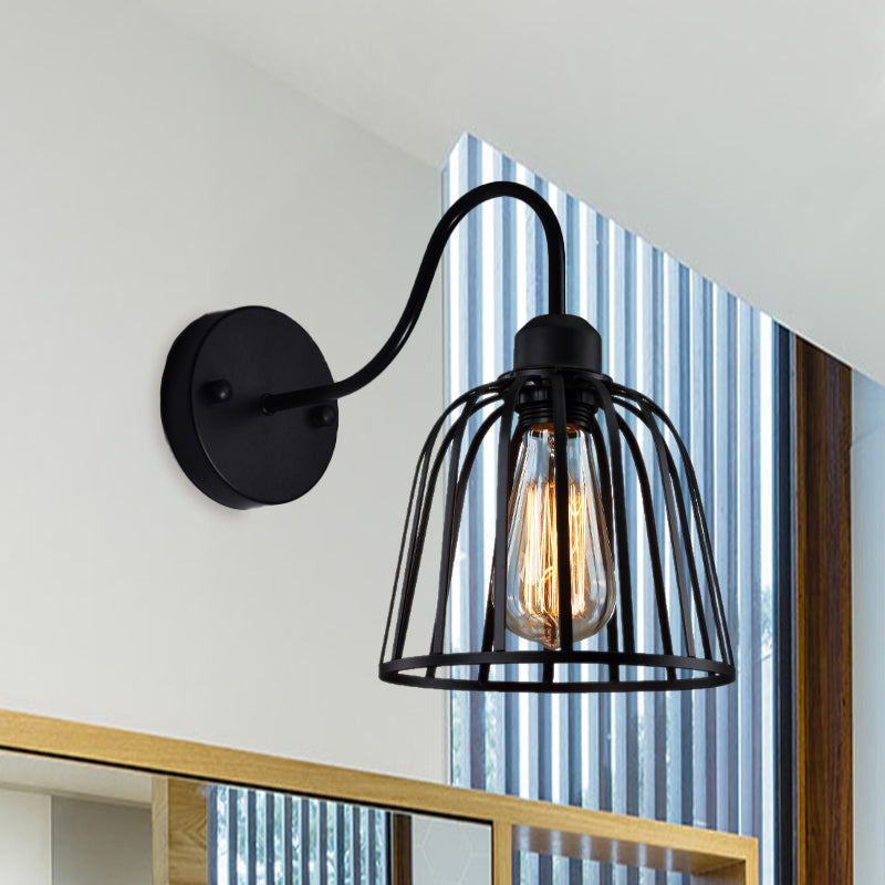 Black Bell Cage Wall Lamp with Gooseneck Arm Industrial Metallic 1 Light Bedside Wall Mount Light Black Clearhalo 'Art deco wall lights' 'Cast Iron' 'Glass' 'Industrial wall lights' 'Industrial' 'Middle century wall lights' 'Modern' 'Rustic wall lights' 'Tiffany' 'Traditional wall lights' 'Wall Lamps & Sconces' 'Wall Lights' Lighting' 768428