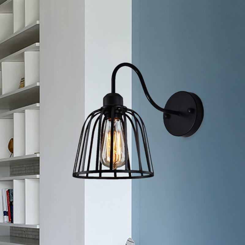 Black Bell Cage Wall Lamp with Gooseneck Arm Industrial Metallic 1 Light Bedside Wall Mount Light Clearhalo 'Art deco wall lights' 'Cast Iron' 'Glass' 'Industrial wall lights' 'Industrial' 'Middle century wall lights' 'Modern' 'Rustic wall lights' 'Tiffany' 'Traditional wall lights' 'Wall Lamps & Sconces' 'Wall Lights' Lighting' 768429