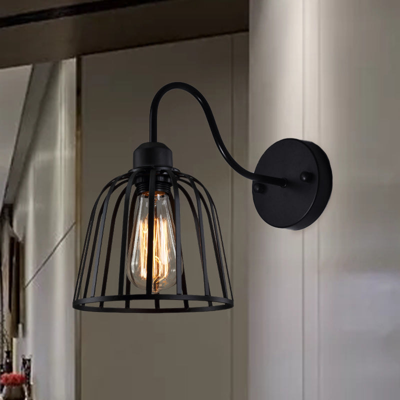 Black Bell Cage Wall Lamp with Gooseneck Arm Industrial Metallic 1 Light Bedside Wall Mount Light Clearhalo 'Art deco wall lights' 'Cast Iron' 'Glass' 'Industrial wall lights' 'Industrial' 'Middle century wall lights' 'Modern' 'Rustic wall lights' 'Tiffany' 'Traditional wall lights' 'Wall Lamps & Sconces' 'Wall Lights' Lighting' 768430
