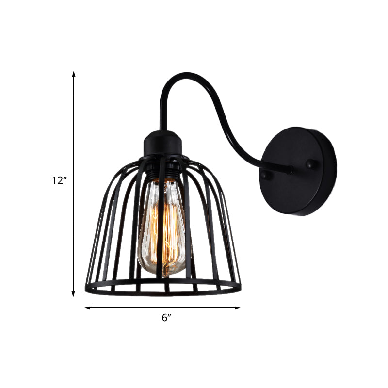 Black Bell Cage Wall Lamp with Gooseneck Arm Industrial Metallic 1 Light Bedside Wall Mount Light Clearhalo 'Art deco wall lights' 'Cast Iron' 'Glass' 'Industrial wall lights' 'Industrial' 'Middle century wall lights' 'Modern' 'Rustic wall lights' 'Tiffany' 'Traditional wall lights' 'Wall Lamps & Sconces' 'Wall Lights' Lighting' 768432