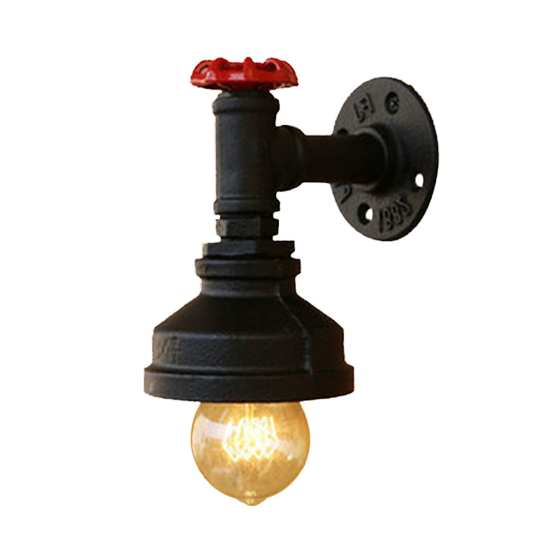 Black Barn Sconce Lighting with Valve Wheel Industrial Rustic Metallic 1 Light Bedroom Mini Wall Light Fixture Clearhalo 'Art deco wall lights' 'Cast Iron' 'Glass' 'Industrial wall lights' 'Industrial' 'Middle century wall lights' 'Modern' 'Rustic wall lights' 'Tiffany' 'Traditional wall lights' 'Wall Lamps & Sconces' 'Wall Lights' Lighting' 768475