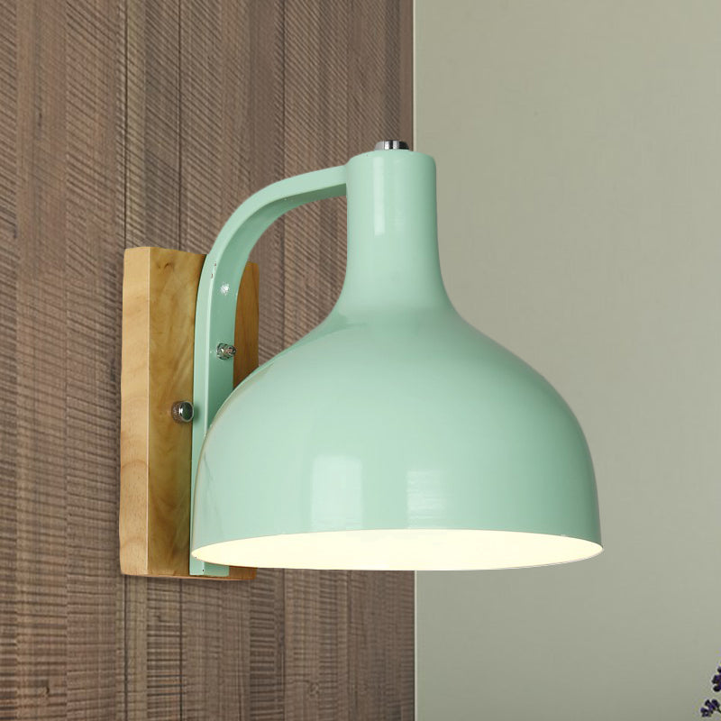 1 Head Wall Lamp Contemporary Dome Shade Metal Wall Light Fixture with Wooden Backplate in White/Pink Green Clearhalo 'Cast Iron' 'Glass' 'Industrial' 'Modern wall lights' 'Modern' 'Tiffany' 'Traditional wall lights' 'Wall Lamps & Sconces' 'Wall Lights' Lighting' 768477