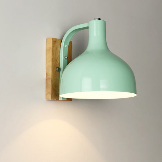 1 Head Wall Lamp Contemporary Dome Shade Metal Wall Light Fixture with Wooden Backplate in White/Pink Clearhalo 'Cast Iron' 'Glass' 'Industrial' 'Modern wall lights' 'Modern' 'Tiffany' 'Traditional wall lights' 'Wall Lamps & Sconces' 'Wall Lights' Lighting' 768478