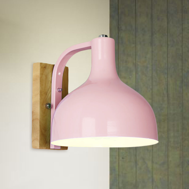 1 Head Wall Lamp Contemporary Dome Shade Metal Wall Light Fixture with Wooden Backplate in White/Pink Pink Clearhalo 'Cast Iron' 'Glass' 'Industrial' 'Modern wall lights' 'Modern' 'Tiffany' 'Traditional wall lights' 'Wall Lamps & Sconces' 'Wall Lights' Lighting' 768486