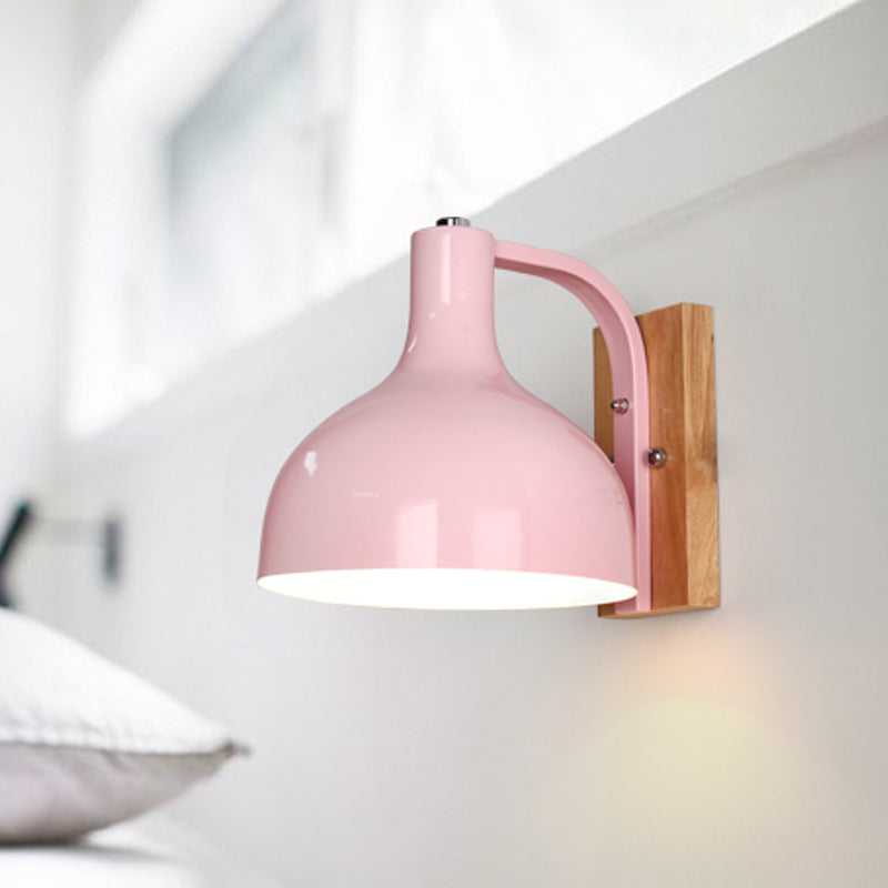 1 Head Wall Lamp Contemporary Dome Shade Metal Wall Light Fixture with Wooden Backplate in White/Pink Clearhalo 'Cast Iron' 'Glass' 'Industrial' 'Modern wall lights' 'Modern' 'Tiffany' 'Traditional wall lights' 'Wall Lamps & Sconces' 'Wall Lights' Lighting' 768487
