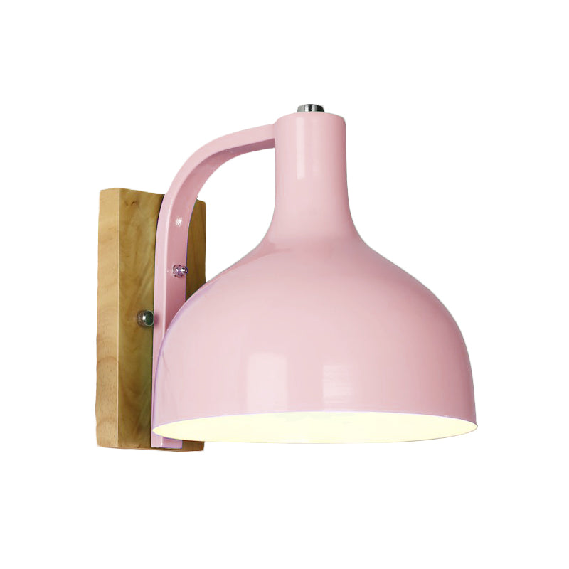 1 Head Wall Lamp Contemporary Dome Shade Metal Wall Light Fixture with Wooden Backplate in White/Pink Clearhalo 'Cast Iron' 'Glass' 'Industrial' 'Modern wall lights' 'Modern' 'Tiffany' 'Traditional wall lights' 'Wall Lamps & Sconces' 'Wall Lights' Lighting' 768489