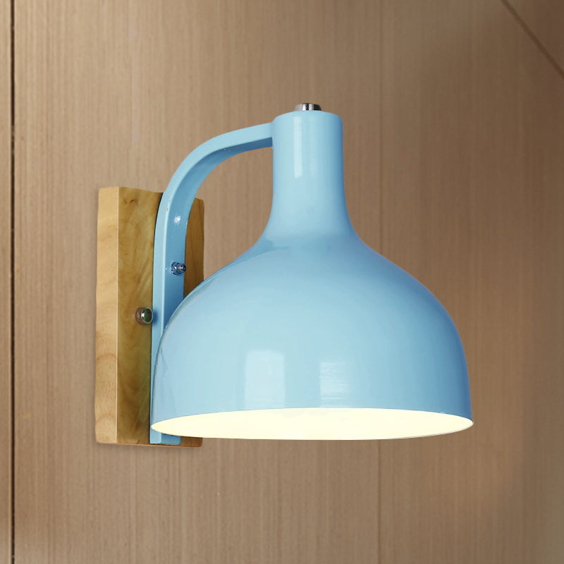 1 Head Wall Lamp Contemporary Dome Shade Metal Wall Light Fixture with Wooden Backplate in White/Pink Blue Clearhalo 'Cast Iron' 'Glass' 'Industrial' 'Modern wall lights' 'Modern' 'Tiffany' 'Traditional wall lights' 'Wall Lamps & Sconces' 'Wall Lights' Lighting' 768490