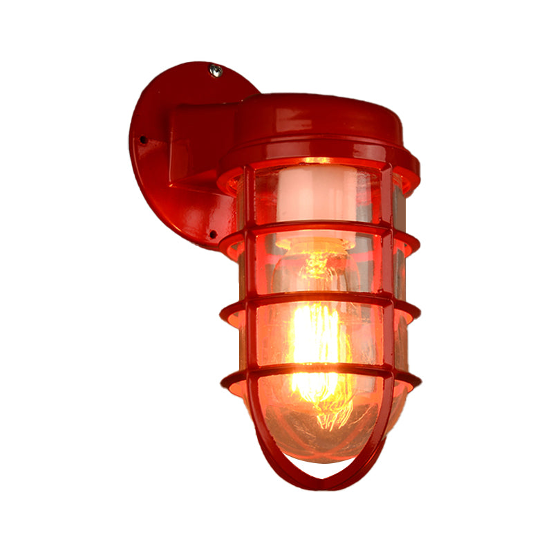 1 Bulb Metal Caged Wall Mounted Light Fixture Coastal Red/Blue Clear Glass Lighting for Outdoor Clearhalo 'Art deco wall lights' 'Cast Iron' 'Glass' 'Industrial wall lights' 'Industrial' 'Middle century wall lights' 'Modern' 'Rustic wall lights' 'Tiffany' 'Traditional wall lights' 'Wall Lamps & Sconces' 'Wall Lights' Lighting' 768527