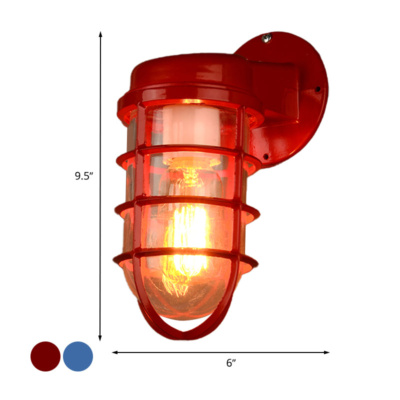 1 Bulb Metal Caged Wall Mounted Light Fixture Coastal Red/Blue Clear Glass Lighting for Outdoor Clearhalo 'Art deco wall lights' 'Cast Iron' 'Glass' 'Industrial wall lights' 'Industrial' 'Middle century wall lights' 'Modern' 'Rustic wall lights' 'Tiffany' 'Traditional wall lights' 'Wall Lamps & Sconces' 'Wall Lights' Lighting' 768528