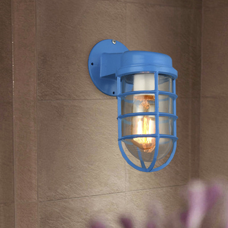 1 Bulb Metal Caged Wall Mounted Light Fixture Coastal Red/Blue Clear Glass Lighting for Outdoor Clearhalo 'Art deco wall lights' 'Cast Iron' 'Glass' 'Industrial wall lights' 'Industrial' 'Middle century wall lights' 'Modern' 'Rustic wall lights' 'Tiffany' 'Traditional wall lights' 'Wall Lamps & Sconces' 'Wall Lights' Lighting' 768530