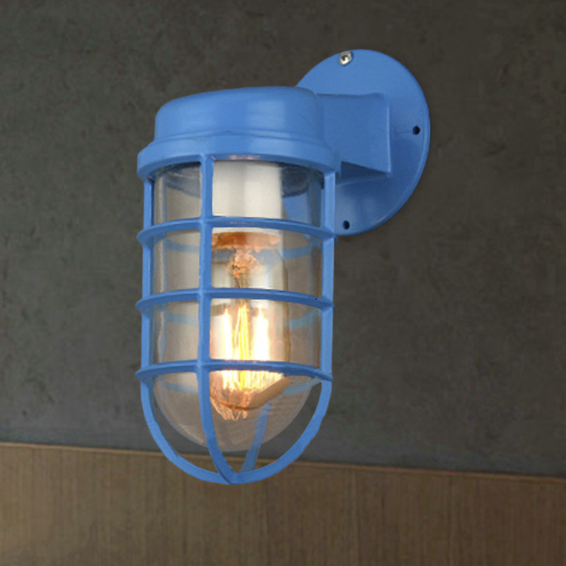 1 Bulb Metal Caged Wall Mounted Light Fixture Coastal Red/Blue Clear Glass Lighting for Outdoor Clearhalo 'Art deco wall lights' 'Cast Iron' 'Glass' 'Industrial wall lights' 'Industrial' 'Middle century wall lights' 'Modern' 'Rustic wall lights' 'Tiffany' 'Traditional wall lights' 'Wall Lamps & Sconces' 'Wall Lights' Lighting' 768531