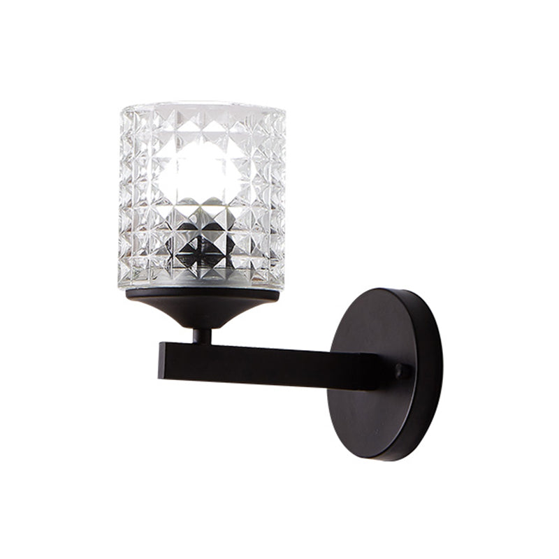 Cylinder Clear Textured Glass Wall Mounted Modern Single Bulb Bedroom Sconce Light in Black/Silver Clearhalo 'Cast Iron' 'Glass' 'Industrial' 'Modern wall lights' 'Modern' 'Tiffany' 'Traditional wall lights' 'Wall Lamps & Sconces' 'Wall Lights' Lighting' 768605