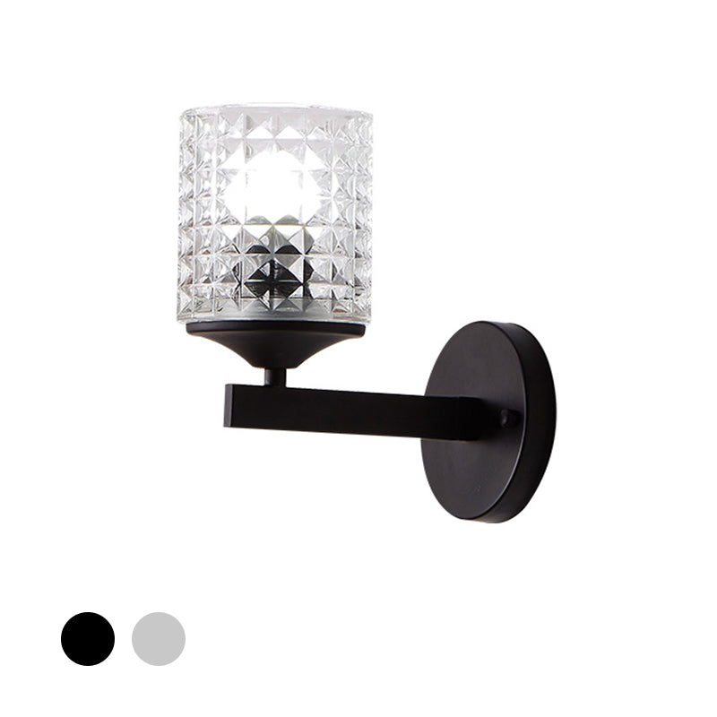 Cylinder Clear Textured Glass Wall Mounted Modern Single Bulb Bedroom Sconce Light in Black/Silver Clearhalo 'Cast Iron' 'Glass' 'Industrial' 'Modern wall lights' 'Modern' 'Tiffany' 'Traditional wall lights' 'Wall Lamps & Sconces' 'Wall Lights' Lighting' 768606