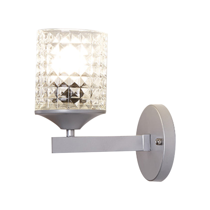 Cylinder Clear Textured Glass Wall Mounted Modern Single Bulb Bedroom Sconce Light in Black/Silver Clearhalo 'Cast Iron' 'Glass' 'Industrial' 'Modern wall lights' 'Modern' 'Tiffany' 'Traditional wall lights' 'Wall Lamps & Sconces' 'Wall Lights' Lighting' 768610